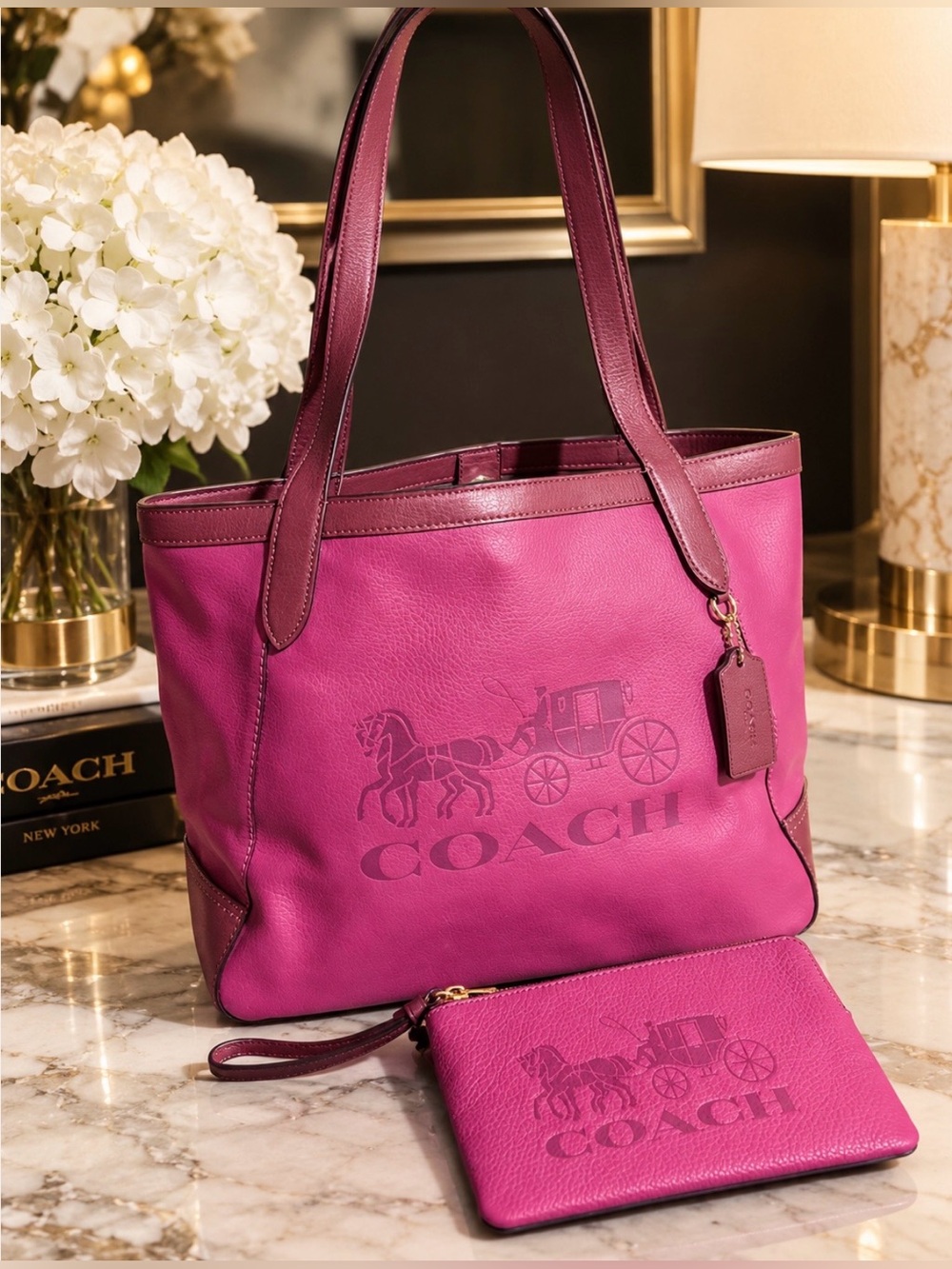 Coach Two-Tone Pink Leather Tote with Matching Pouch